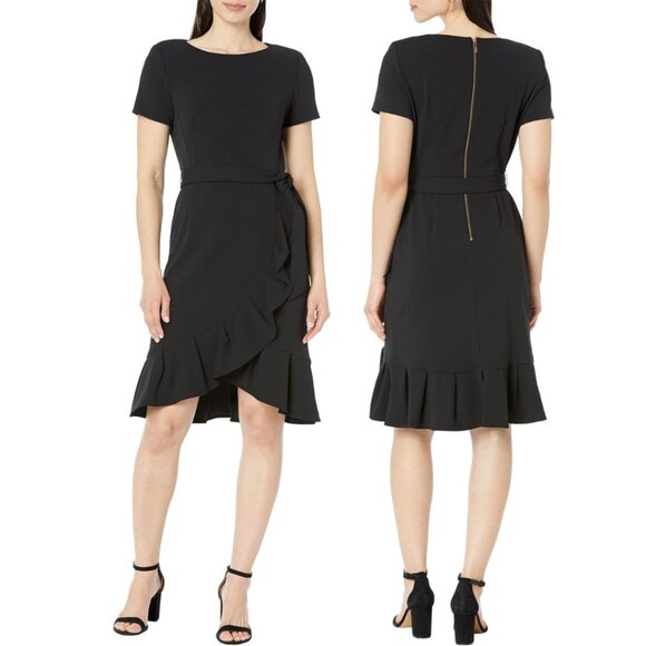 Calvin Klein | NWOT Size 8 Dress Black Flutter Skirt Short Sleeve Office Work - Picture 9 of 9